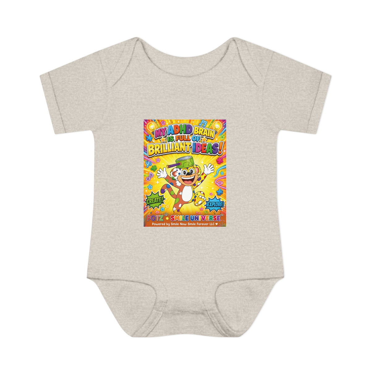 Potz™ Infant Baby Rib Bodysuit – "My ADHD Brain is Full of Brilliant Ideas!" Graphic Onesie | Smile Universe Collection