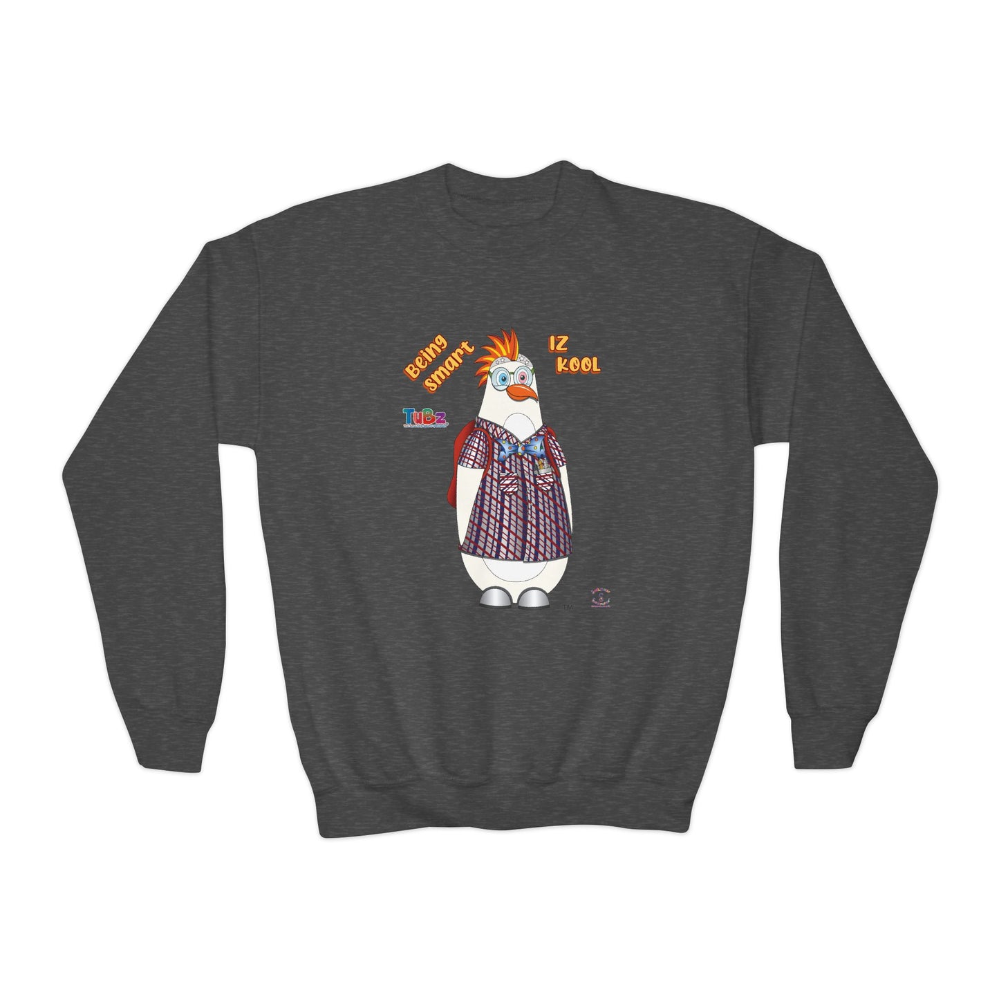 TuBz™ "Being Smart Iz Kool" Youth Crewneck Sweatshirt – Character Dress-Up Graphic Sweatshirt | Smile Universe TuBz4Kidz Collection