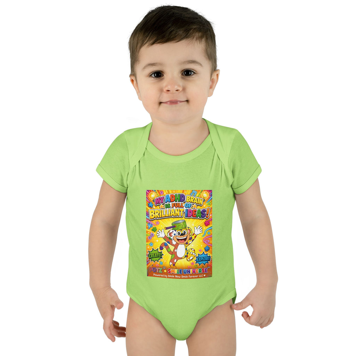 Potz™ Infant Baby Rib Bodysuit – "My ADHD Brain is Full of Brilliant Ideas!" Graphic Onesie | Smile Universe Collection