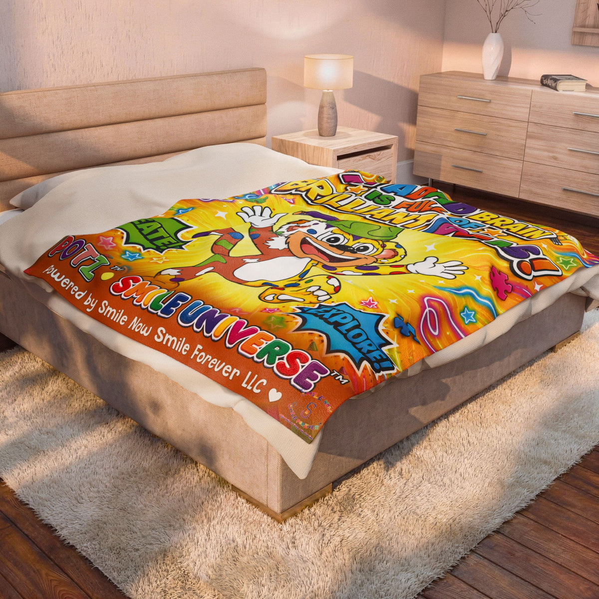 Potz™ Velveteen Plush Blanket – "My ADHD Brain is Full of Brilliant Ideas!" Graphic Throw | Smile Universe Collection