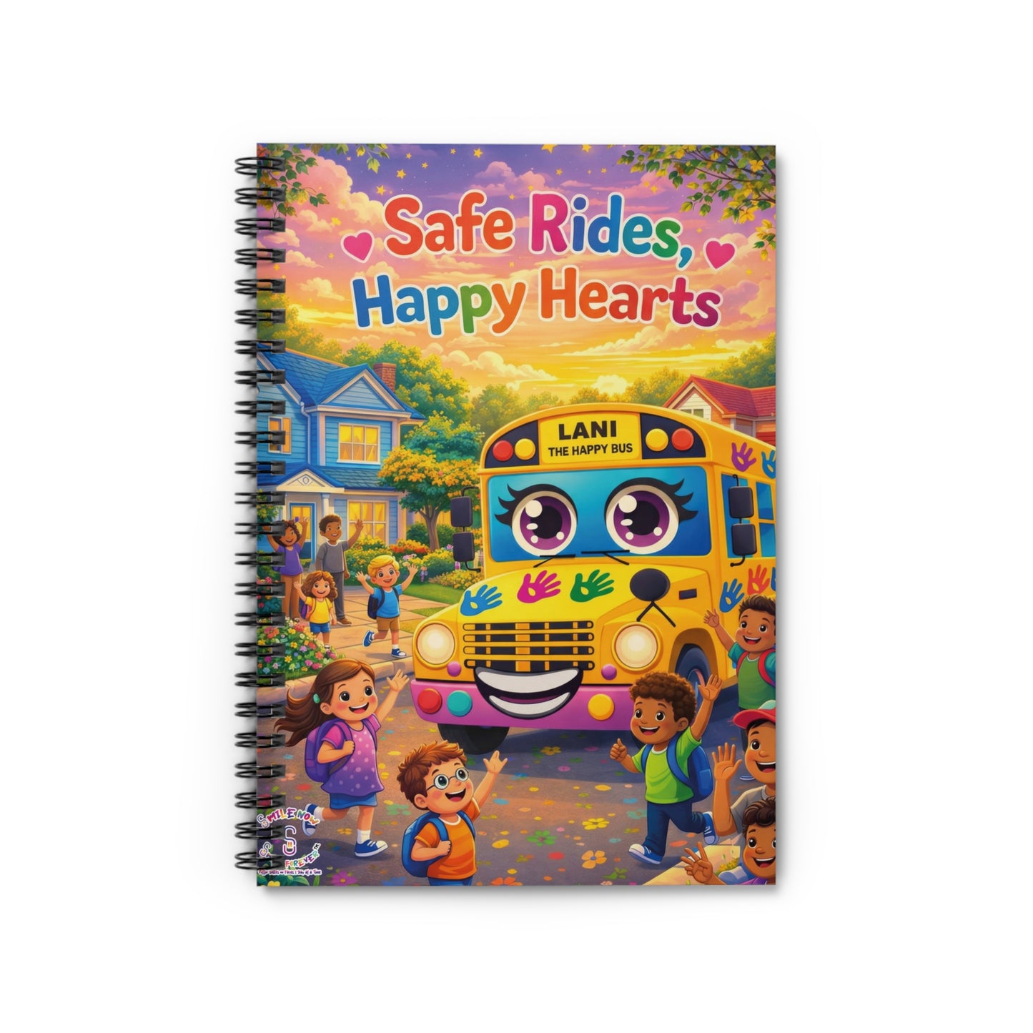 Lani™ Spiral Notebook – Ruled Line | "Safe Rides, Happy Hearts" Graphic