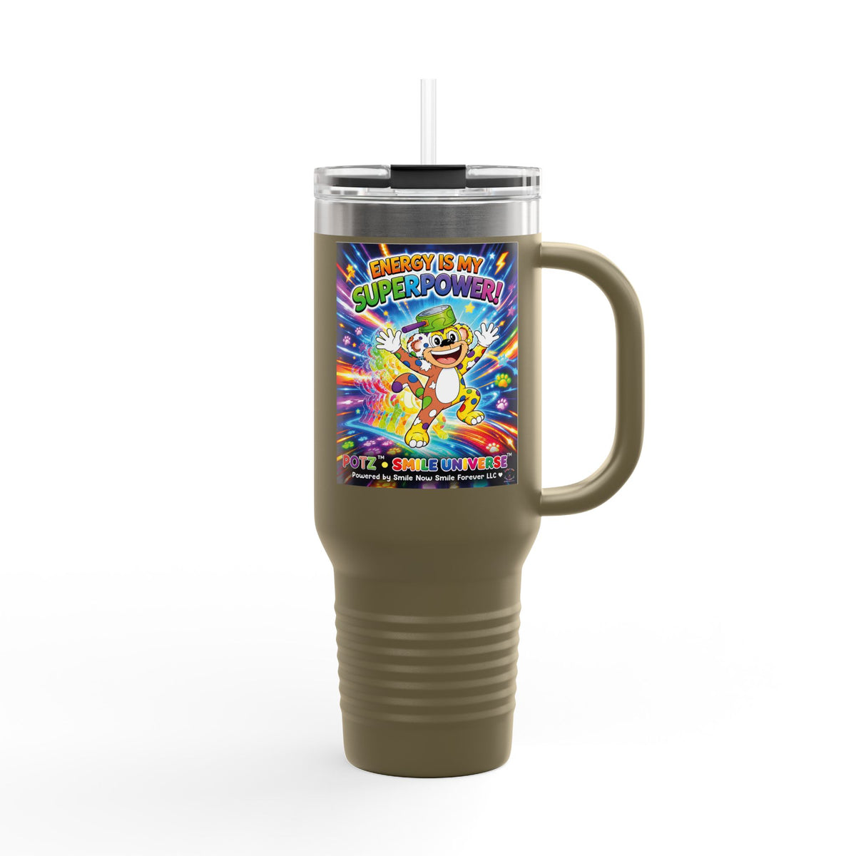 Potz™ Insulated Travel Mug 40oz – "Energy is My Superpower!" Graphic Tumbler | Smile Universe Collection