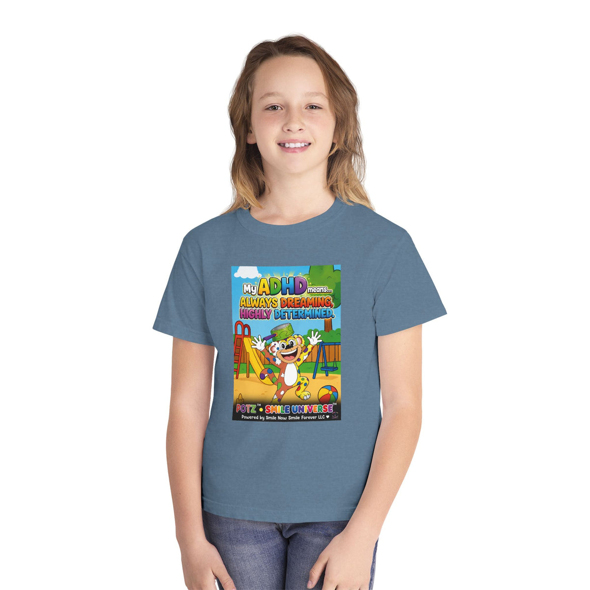 Potz™ Youth Midweight Tee – "My ADHD Means Always Dreaming, Highly Determined" Graphic Tee | Smile Universe Collection