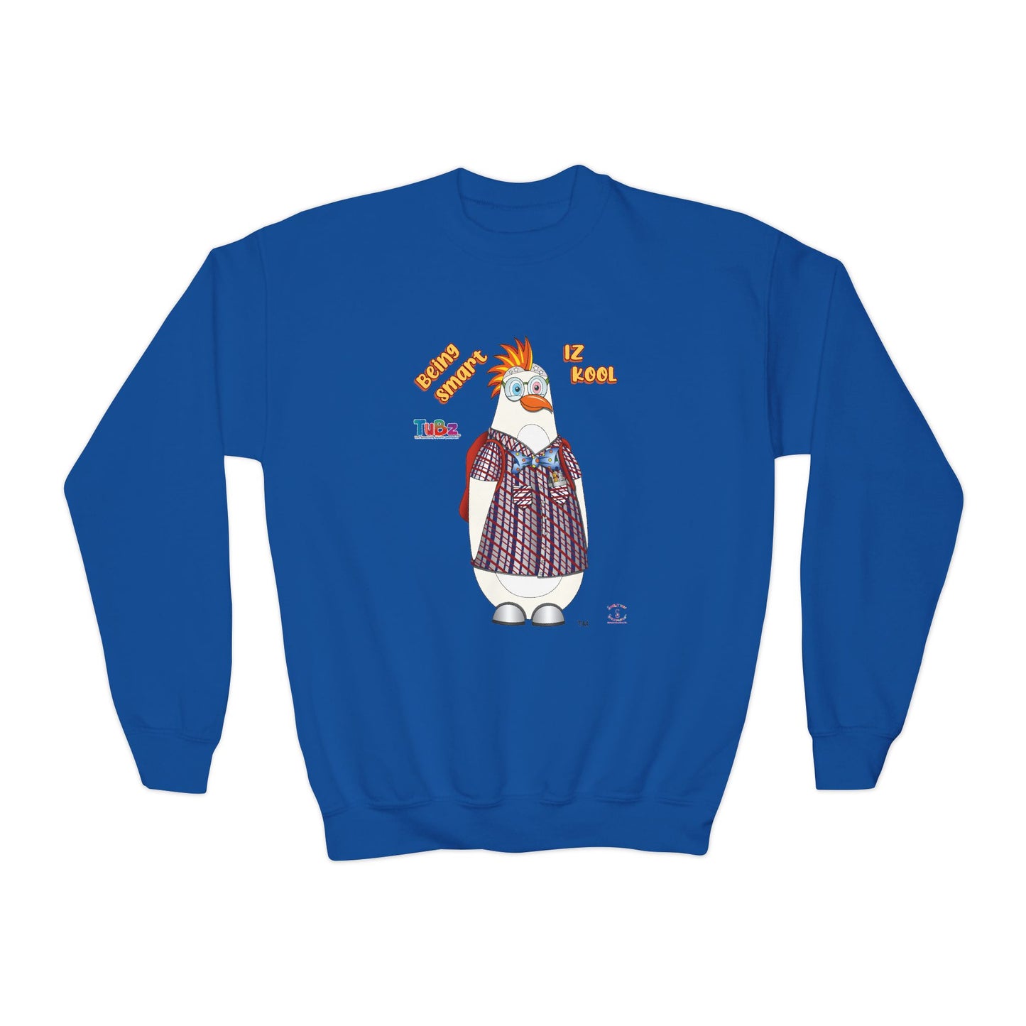 TuBz™ "Being Smart Iz Kool" Youth Crewneck Sweatshirt – Character Dress-Up Graphic Sweatshirt | Smile Universe TuBz4Kidz Collection