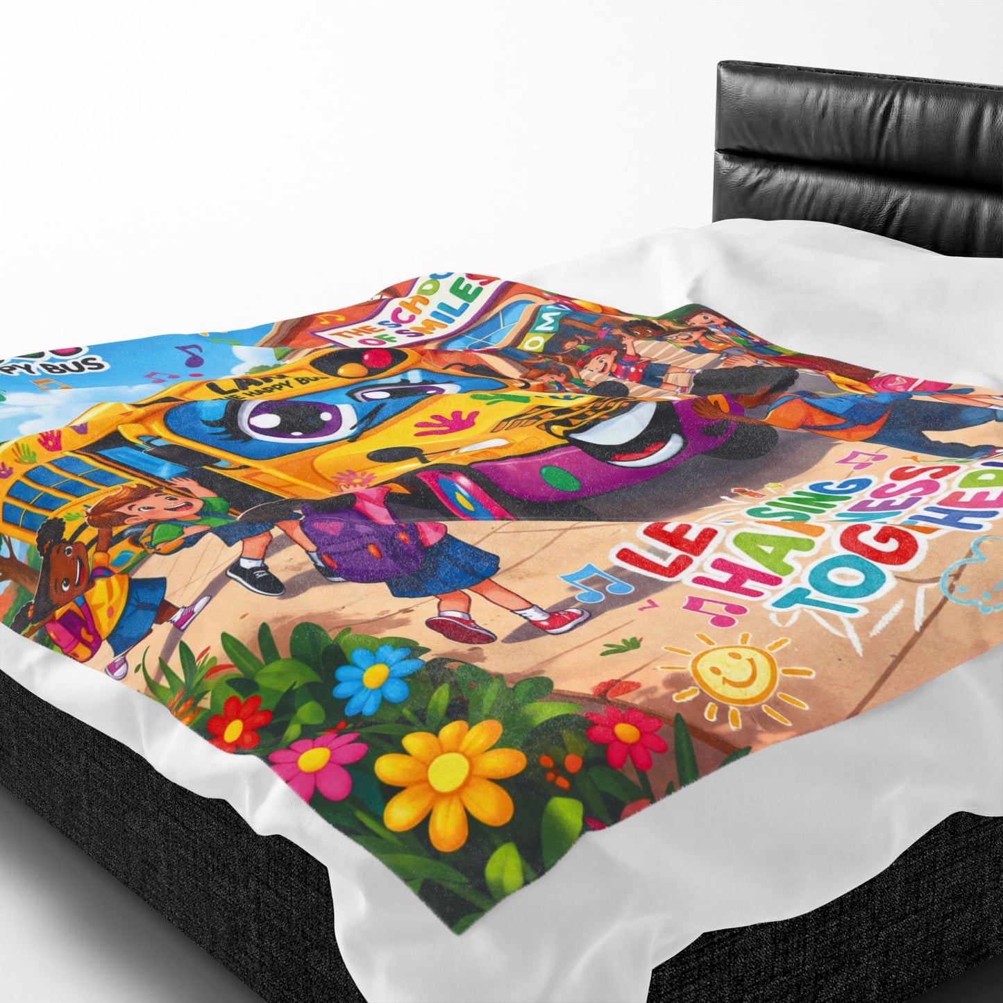 Lani the Happy Bus Kids Velveteen Blanket — "Let's Sing Happiness Together" Cozy Throw