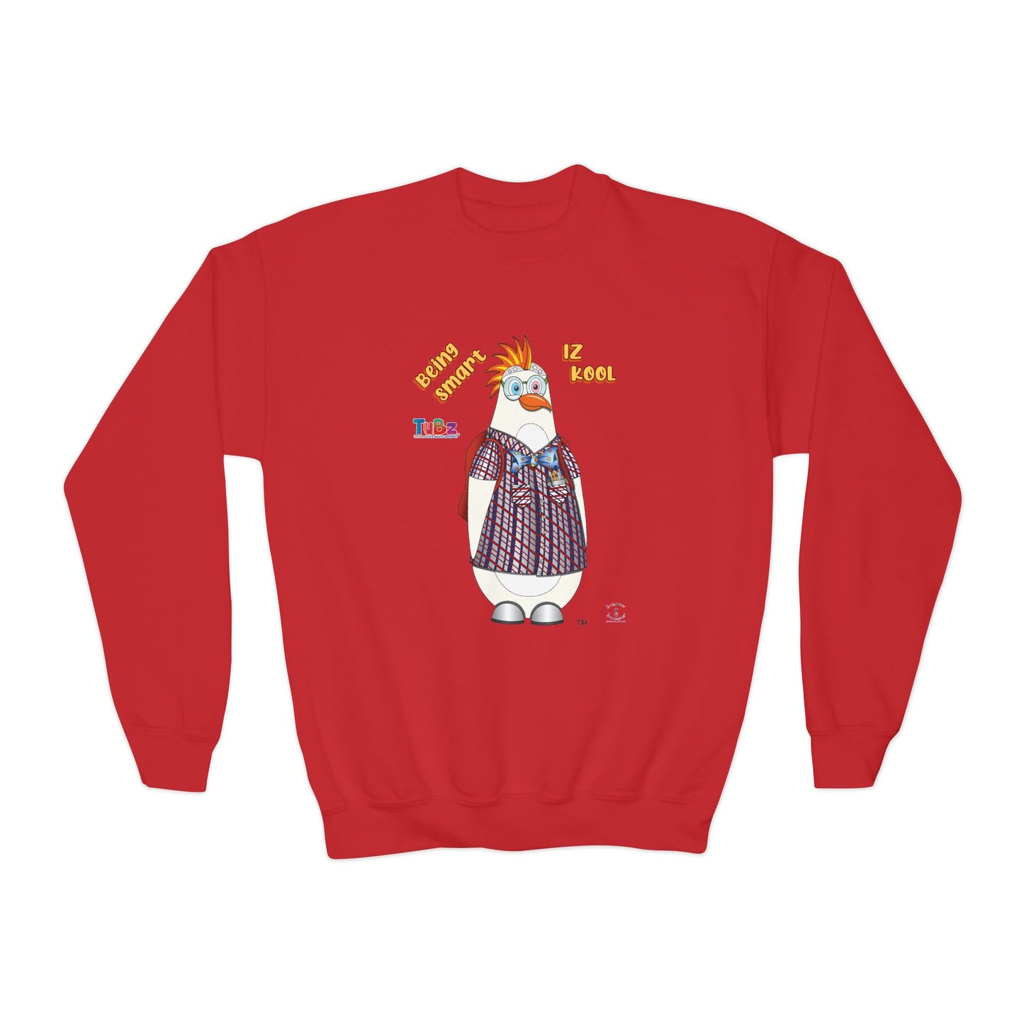TuBz™ "Being Smart Iz Kool" Youth Crewneck Sweatshirt – Character Dress-Up Graphic Sweatshirt | Smile Universe TuBz4Kidz Collection