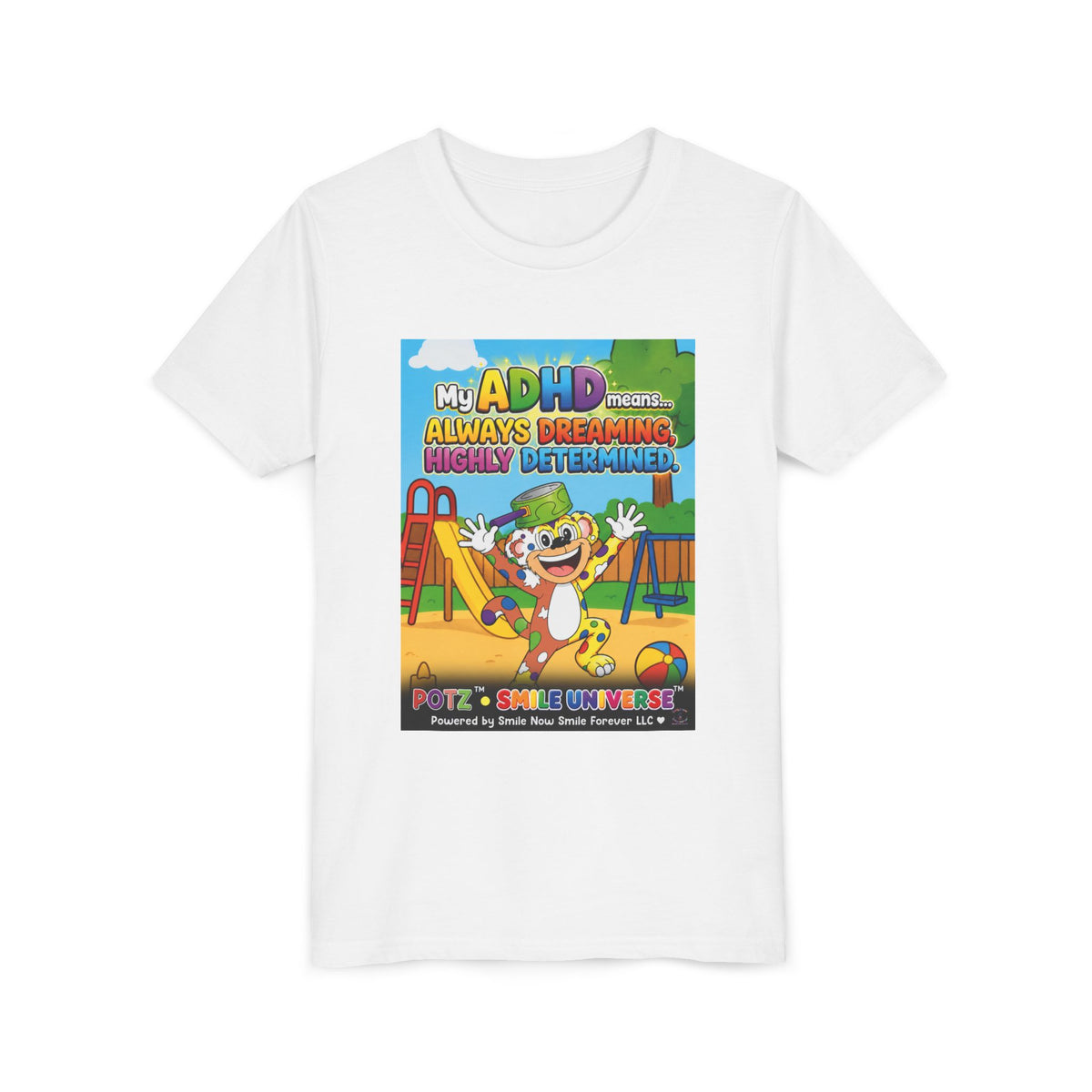 Potz™ Youth Short Sleeve Tee – "My ADHD Means Always Dreaming, Highly Determined" Graphic Tee | Smile Universe Collection