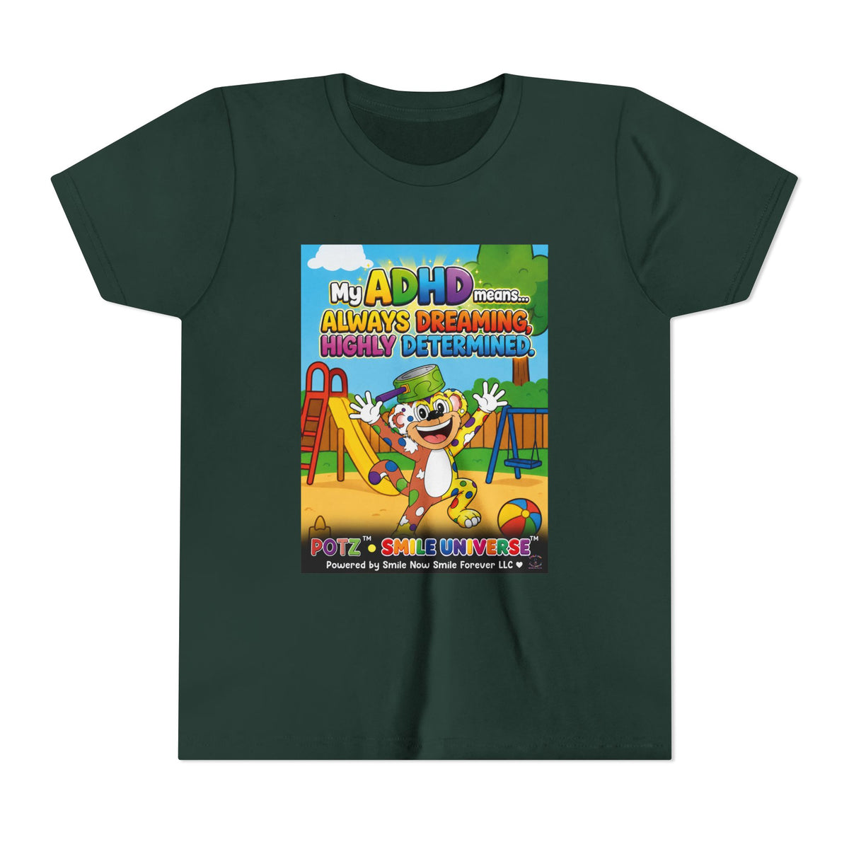 Potz™ Youth Short Sleeve Tee – "My ADHD Means Always Dreaming, Highly Determined" Graphic Tee | Smile Universe Collection