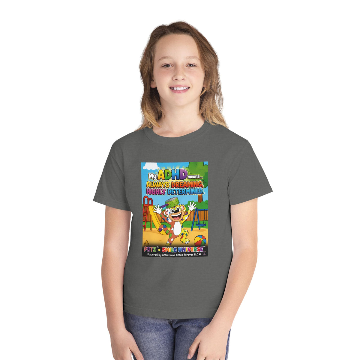 Potz™ Youth Midweight Tee – "My ADHD Means Always Dreaming, Highly Determined" Graphic Tee | Smile Universe Collection