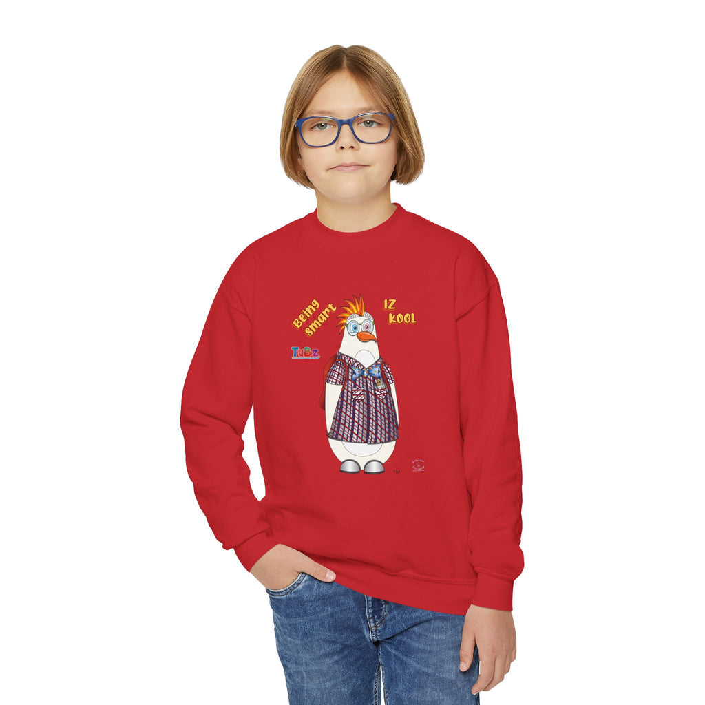 TuBz™ "Being Smart Iz Kool" Youth Crewneck Sweatshirt – Character Dress-Up Graphic Sweatshirt | Smile Universe TuBz4Kidz Collection