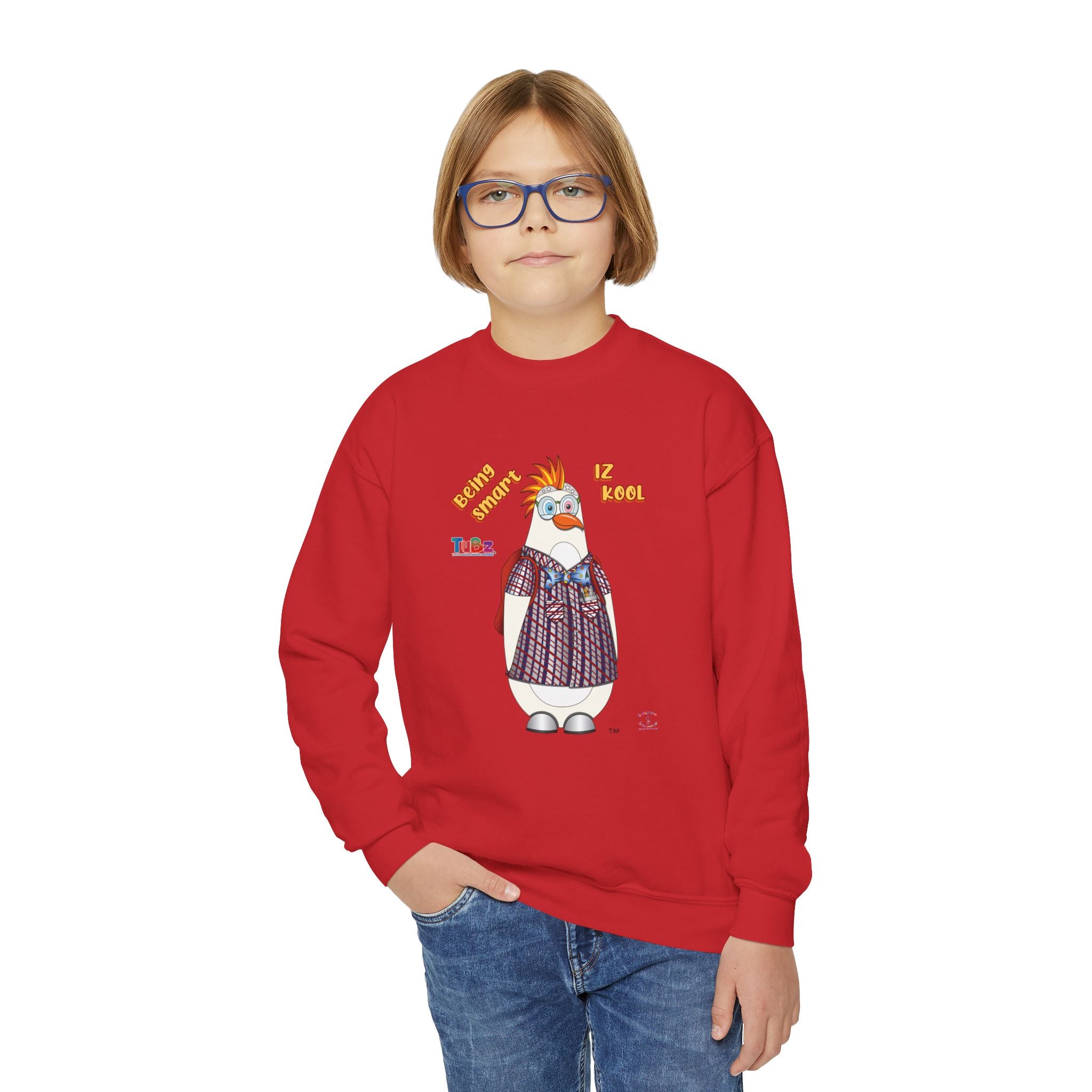 TuBz™ "Being Smart Iz Kool" Youth Crewneck Sweatshirt – Character Dress-Up Graphic Sweatshirt | Smile Universe TuBz4Kidz Collection