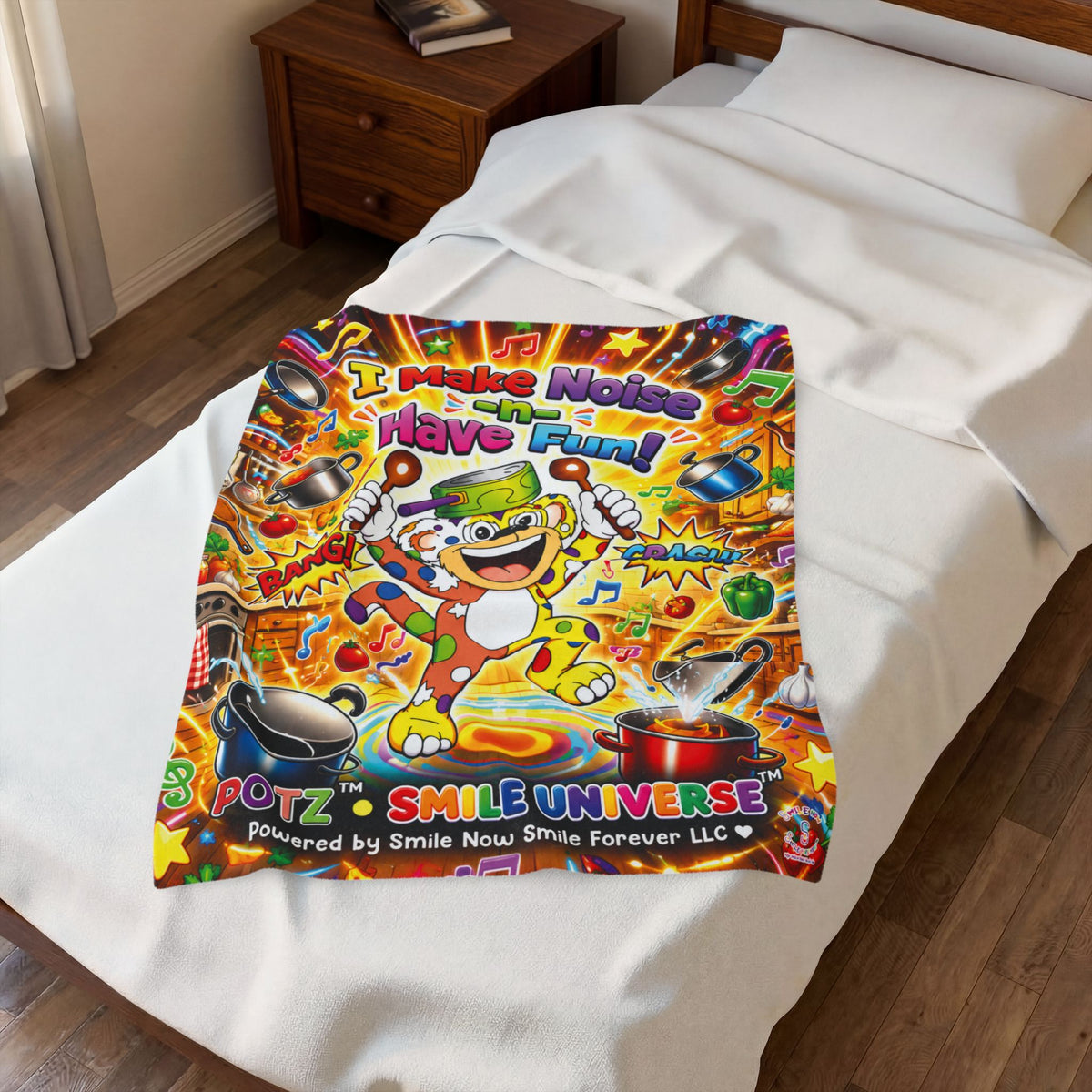 Potz™ Velveteen Plush Blanket – "I Make Noise -n- Have Fun!" Graphic Throw | Smile Universe Collection