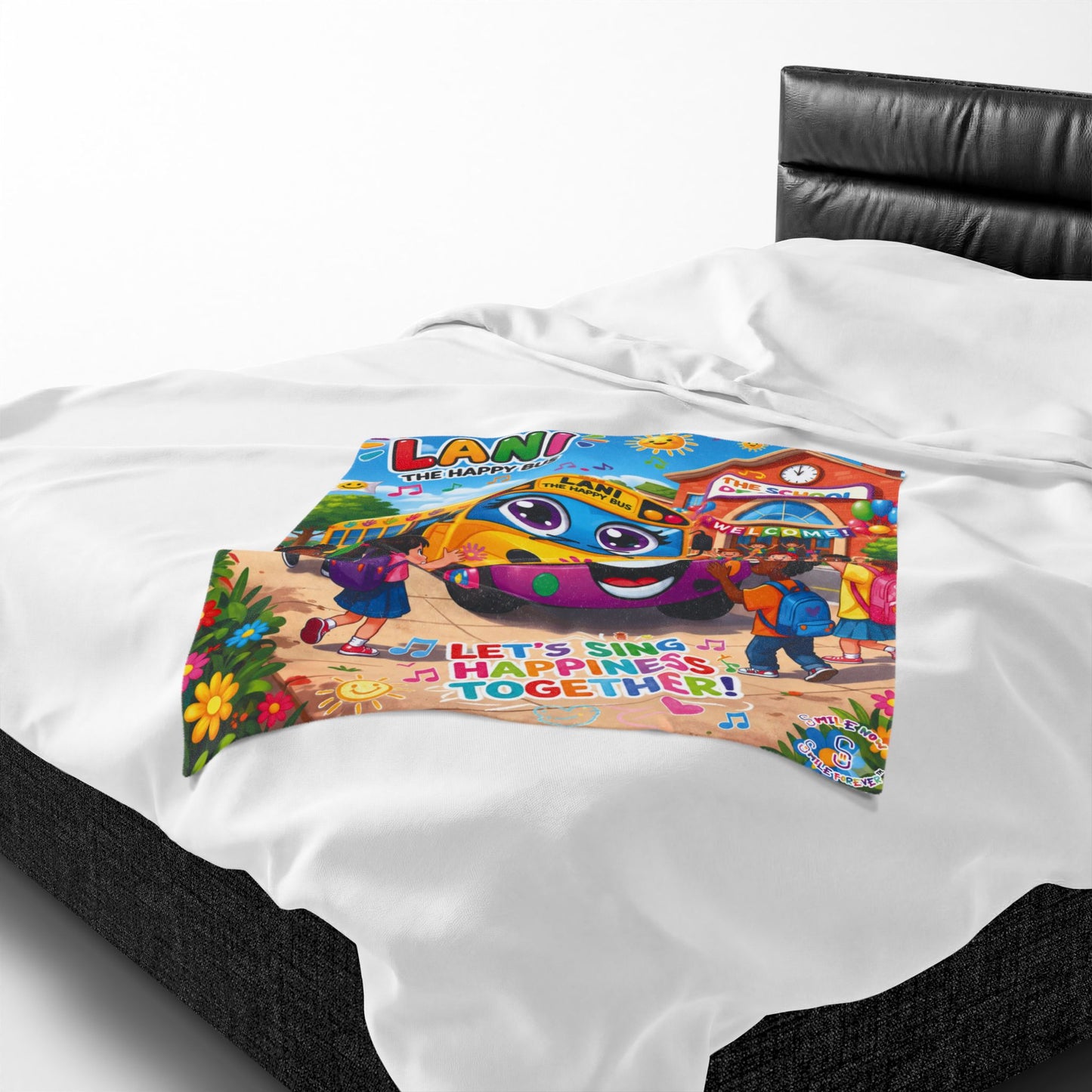 Lani the Happy Bus Kids Velveteen Blanket — "Let's Sing Happiness Together" Cozy Throw