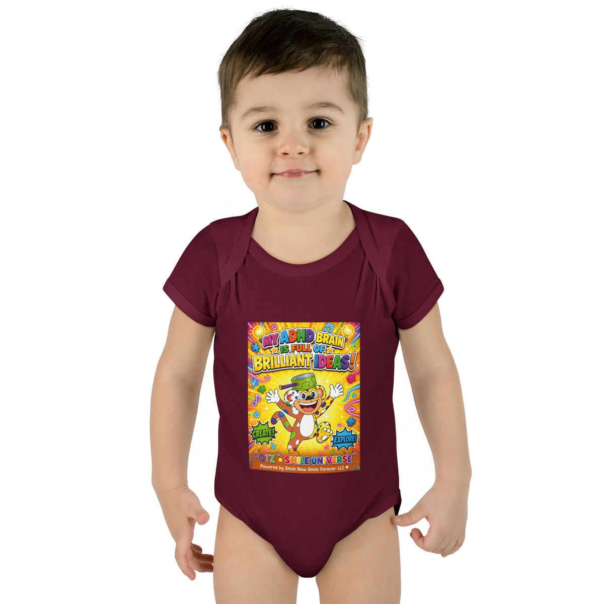 Potz™ Infant Baby Rib Bodysuit – "My ADHD Brain is Full of Brilliant Ideas!" Graphic Onesie | Smile Universe Collection