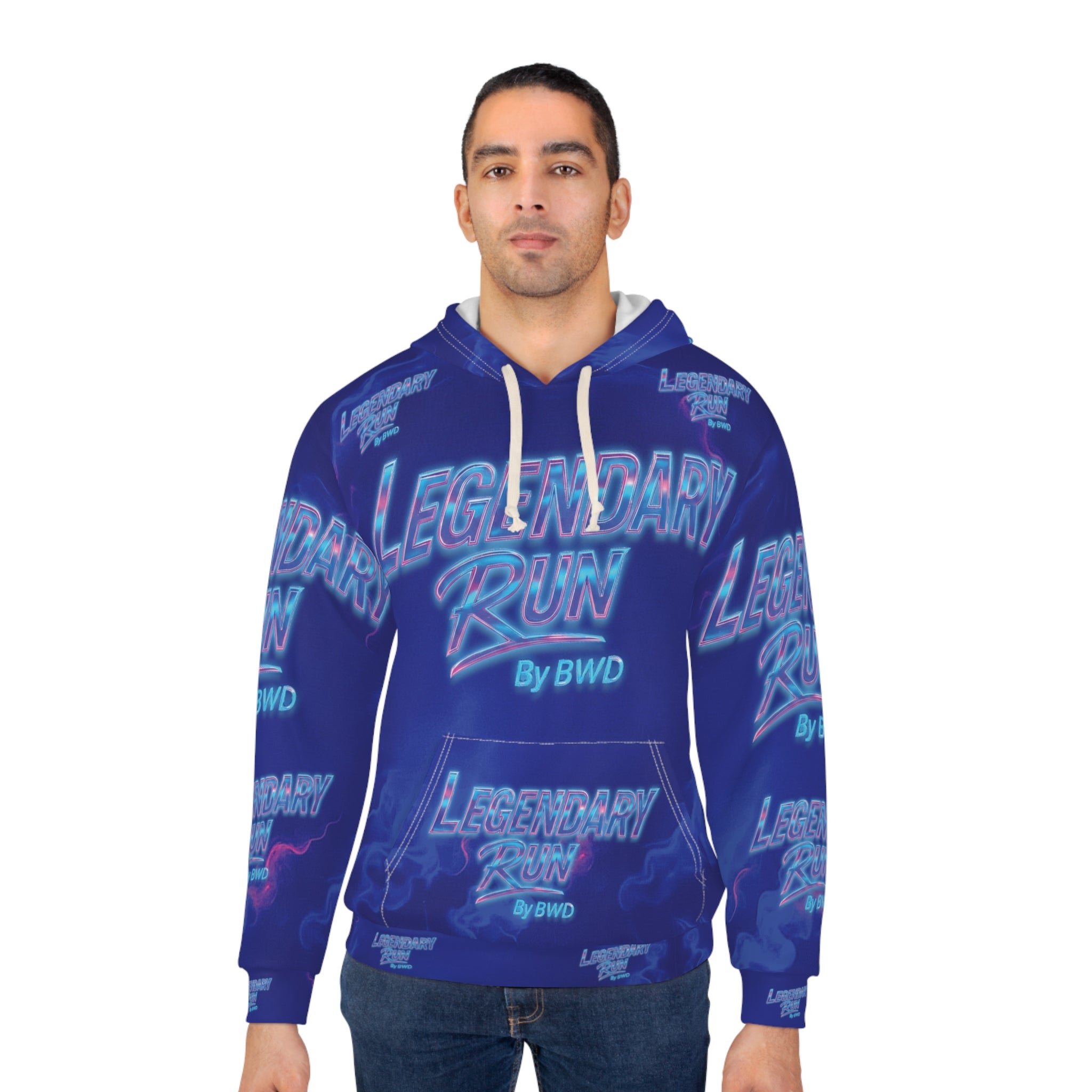Legendary Run All-Over Print Hoodie — Neon Retro Racing Pullover