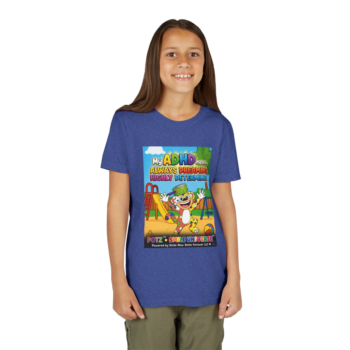 Potz™ Youth Short Sleeve Tee – "My ADHD Means Always Dreaming, Highly Determined" Graphic Tee | Smile Universe Collection