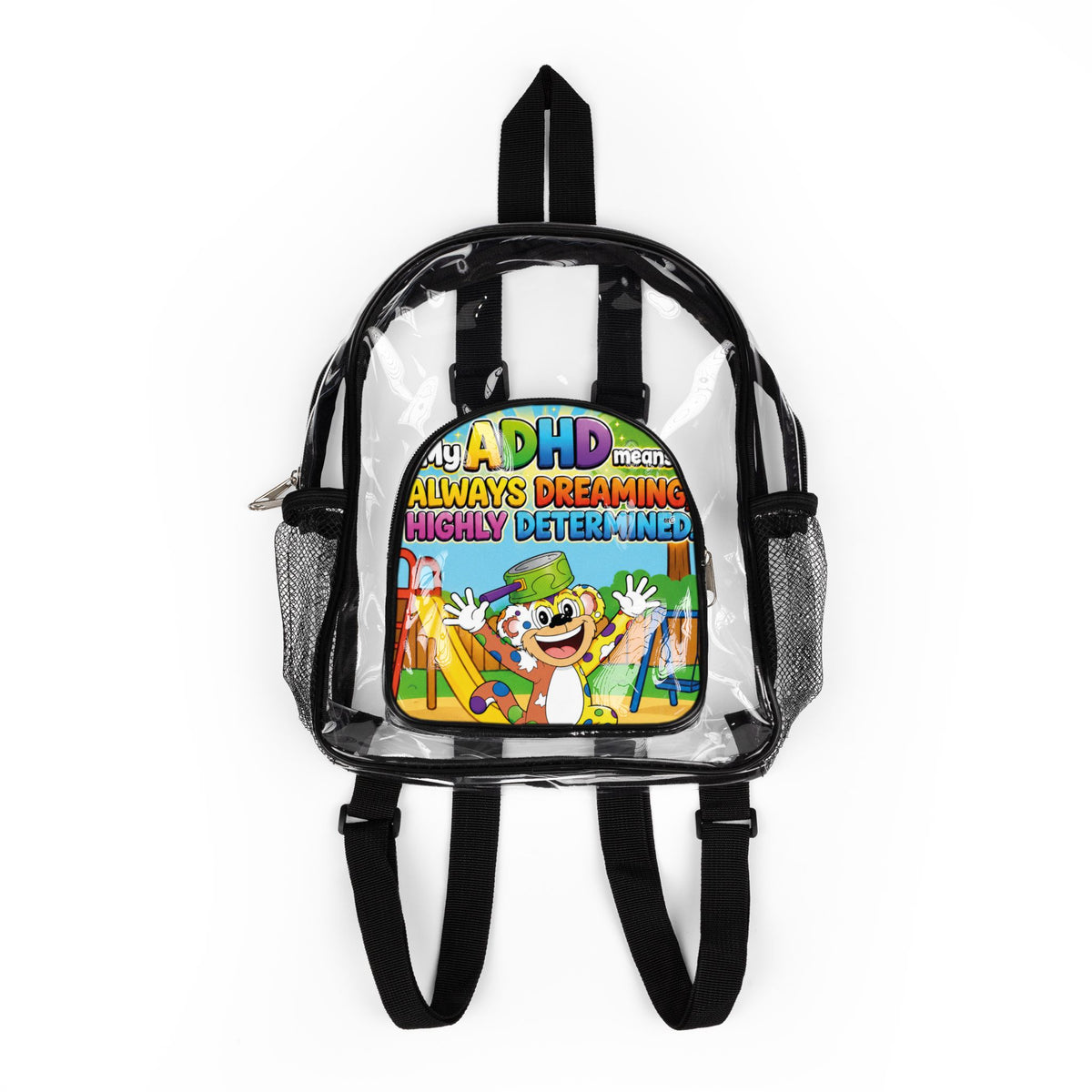 Potz™ Clear Stadium Backpack – "My ADHD Means Always Dreaming, Highly Determined" Graphic Backpack | Smile Universe Collection