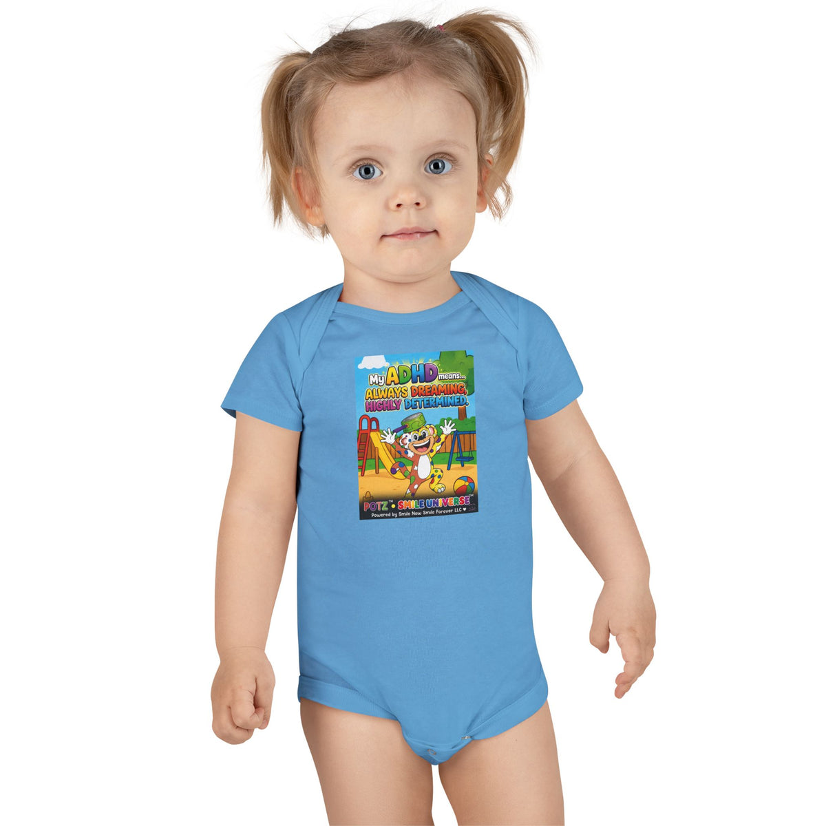 Potz™ Baby Short Sleeve Onesie® – "My ADHD Means Always Dreaming, Highly Determined" Graphic Bodysuit | Smile Universe Collection