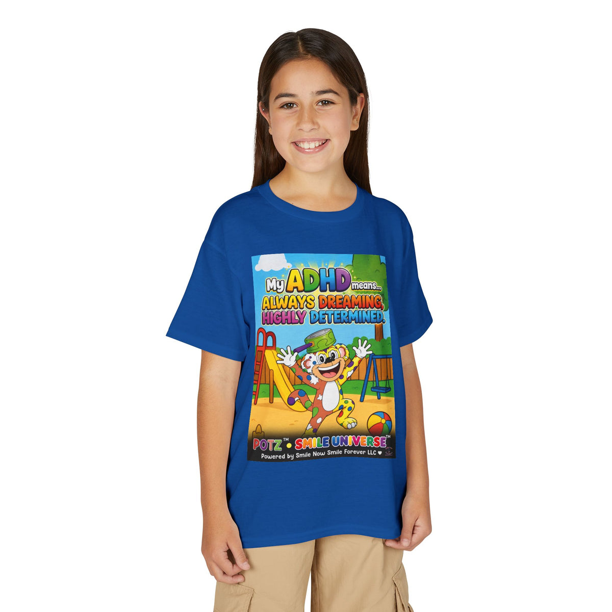 Potz™ Youth DryBlend® T-Shirt – "My ADHD Means Always Dreaming, Highly Determined" Graphic Tee | Smile Universe Collection
